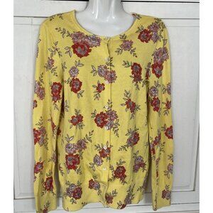 Lands End Pima Cotton Yellow Floral Cardigan Small Tall 6-8